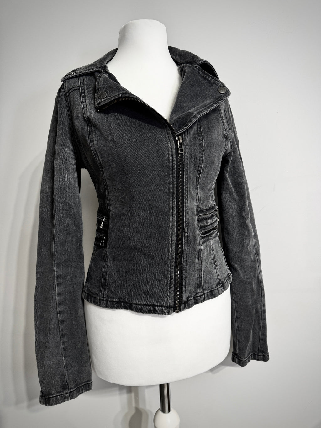 Charcoal Acid Wash Denim Biker Jacket