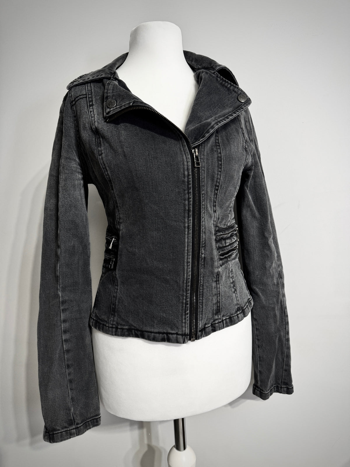 Charcoal Acid Wash Denim Biker Jacket