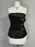 Black Satin Strapless Corset Top with Embellished Bows