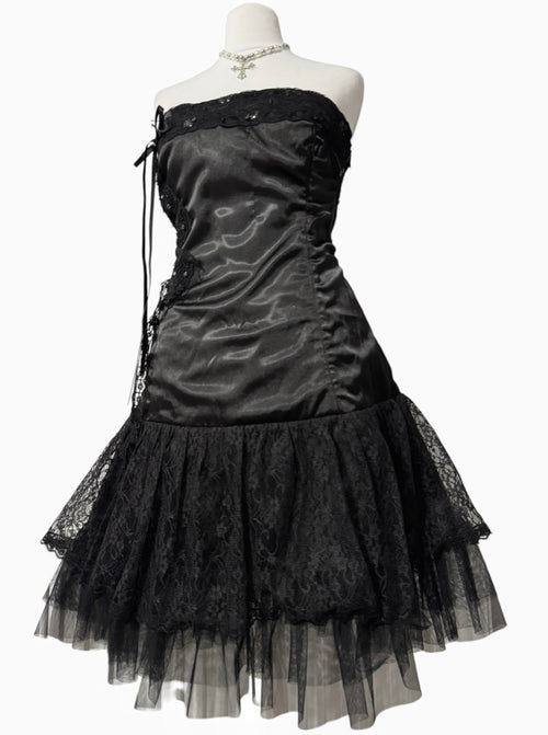 Black dark coquette mini dress with a flower detail
