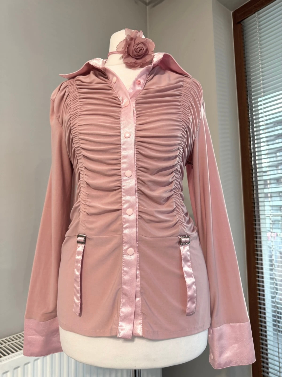 Dusty pink satin shirt with drapery