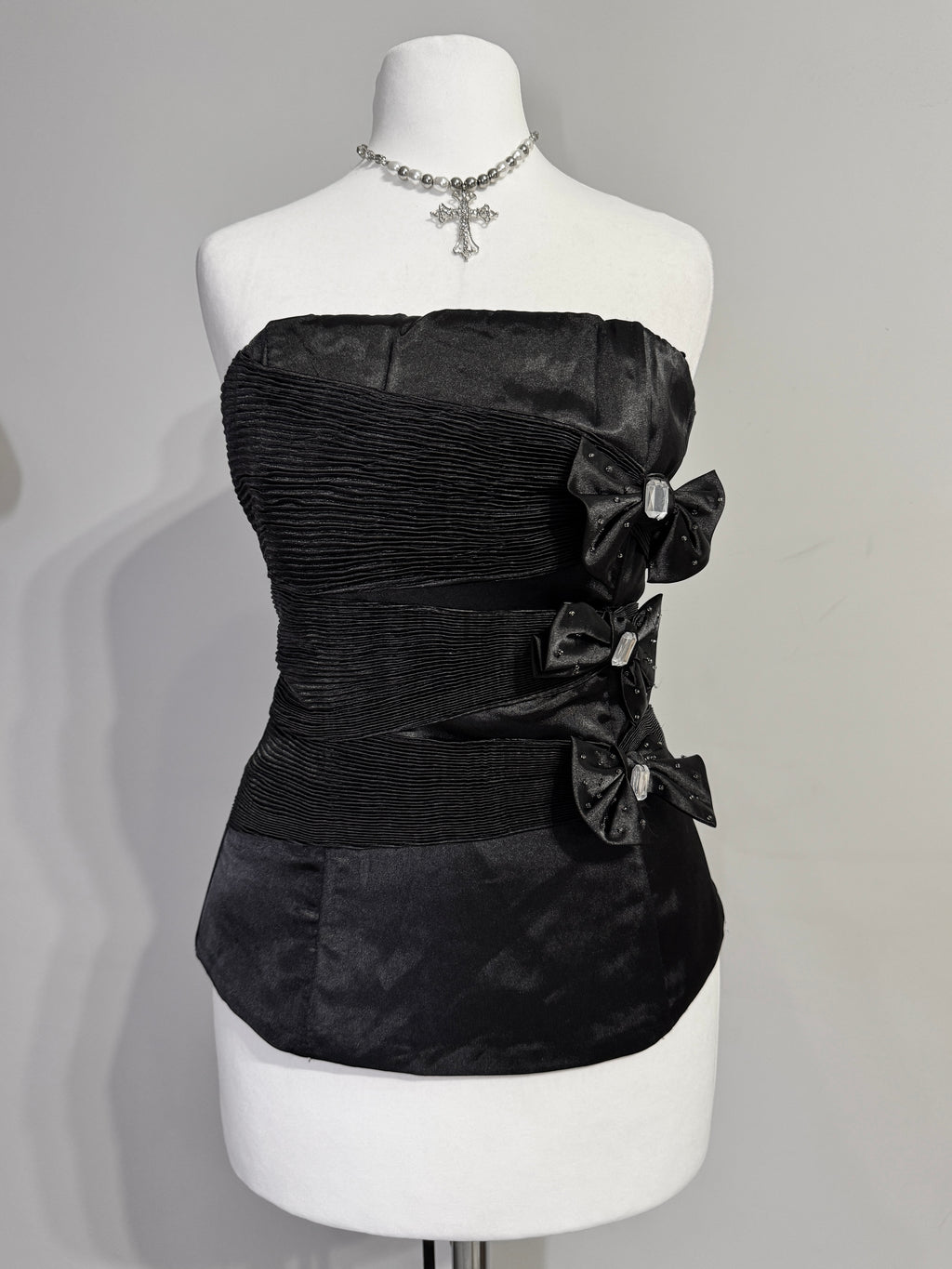 Black Satin Strapless Corset Top with Embellished Bows