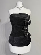 Black Satin Strapless Corset Top with Embellished Bows
