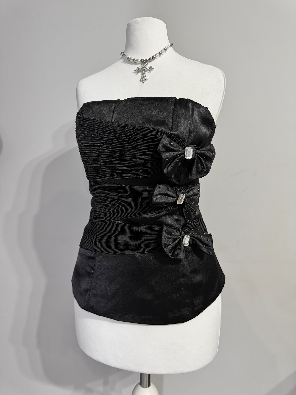 Black Satin Strapless Corset Top with Embellished Bows