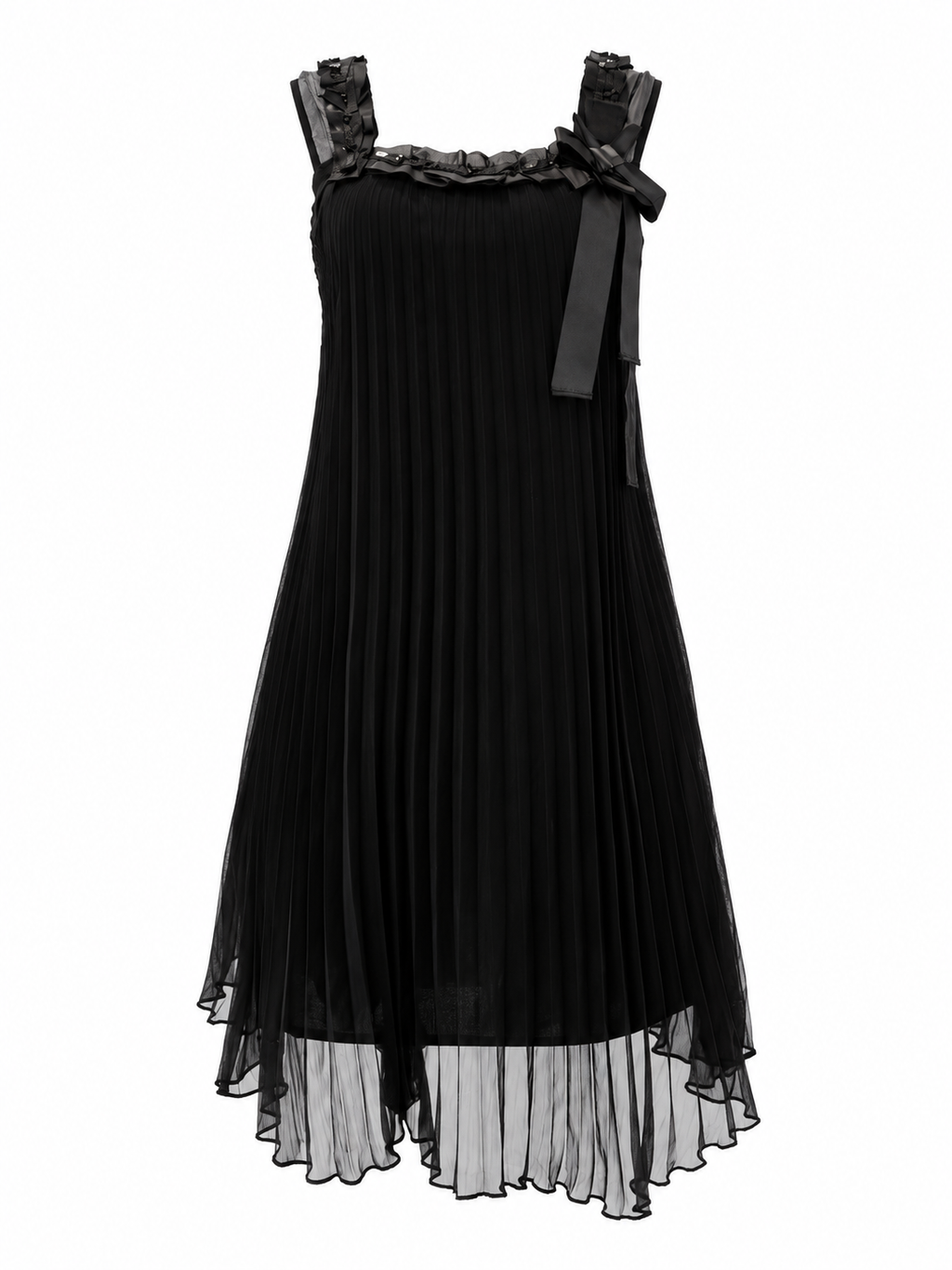 Black Pleated Ribbon Midi Dress