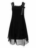 Black Pleated Ribbon Midi Dress