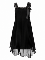 Black Pleated Ribbon Midi Dress