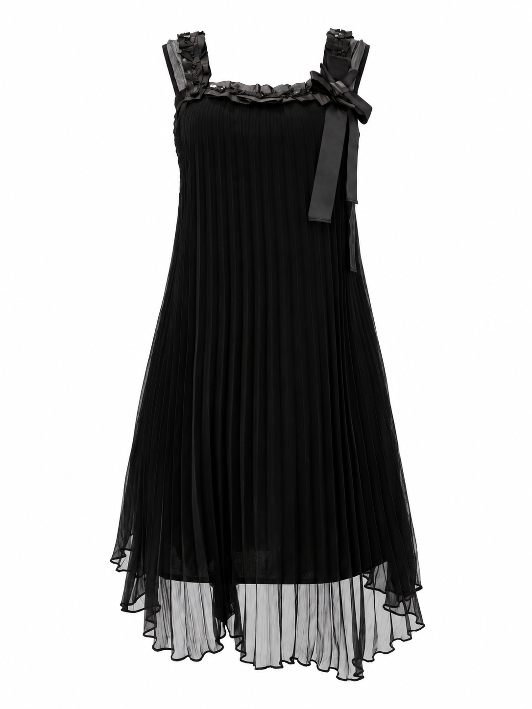 Black Pleated Ribbon Midi Dress