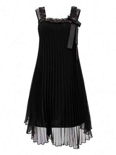 Black Pleated Ribbon Midi Dress