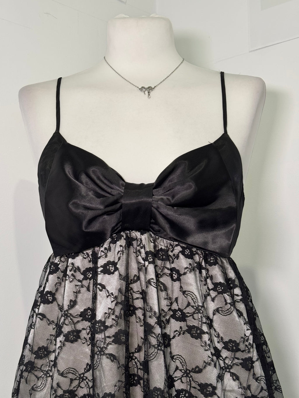 Gothic Black Lace & Satin Bow Midi Dress