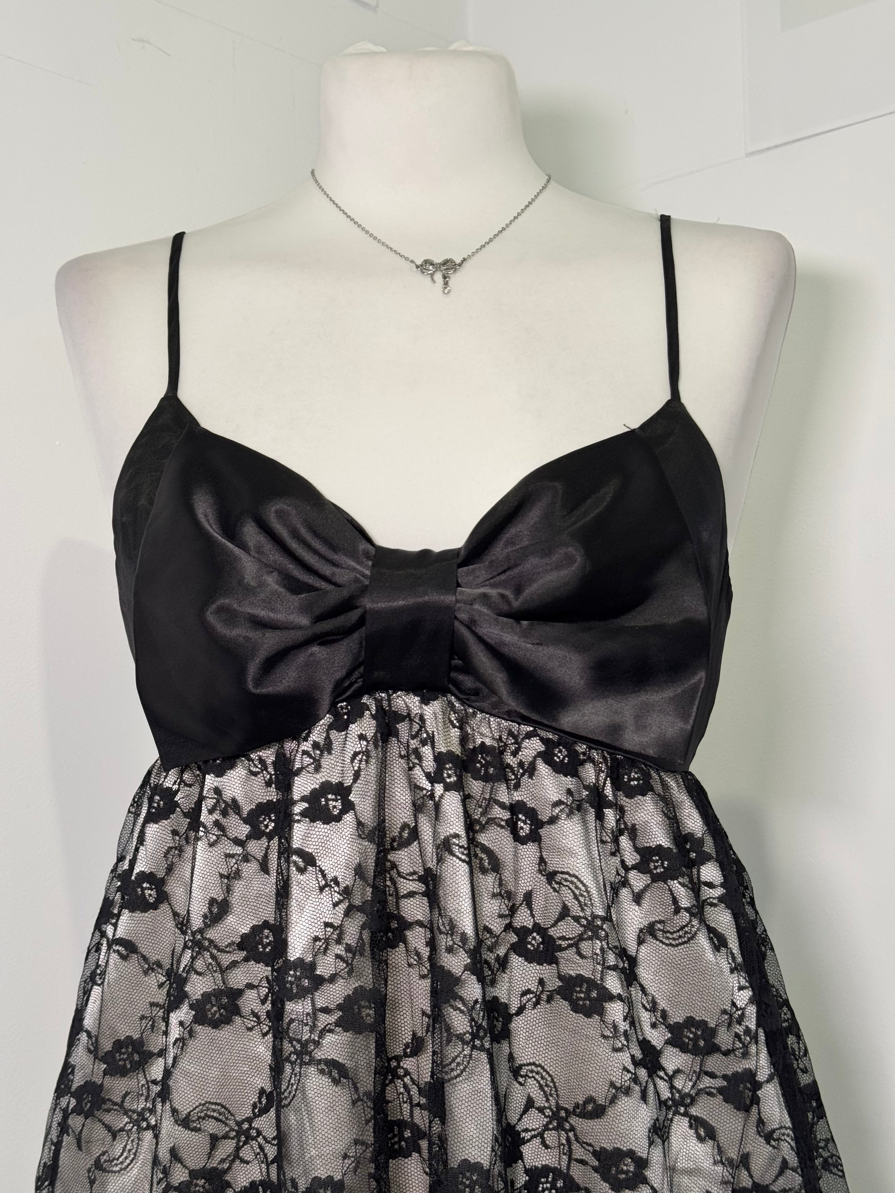 Gothic Black Lace & Satin Bow Midi Dress