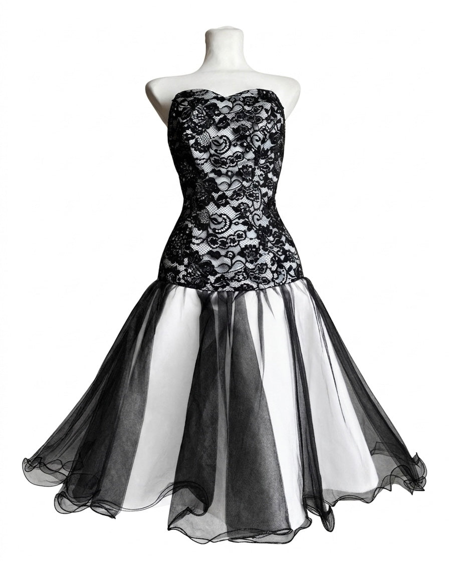 Black & White Vintage 50s Goth Black Lace & White Tulle Party Dress