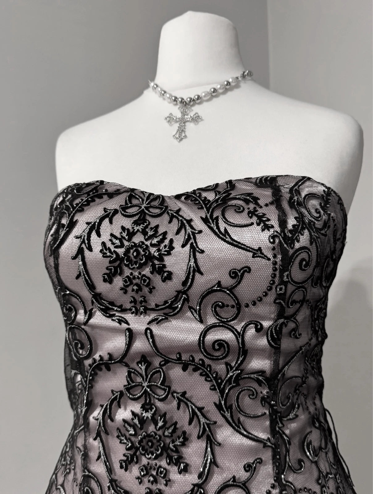 Silver Victorian lace mini strapless dress