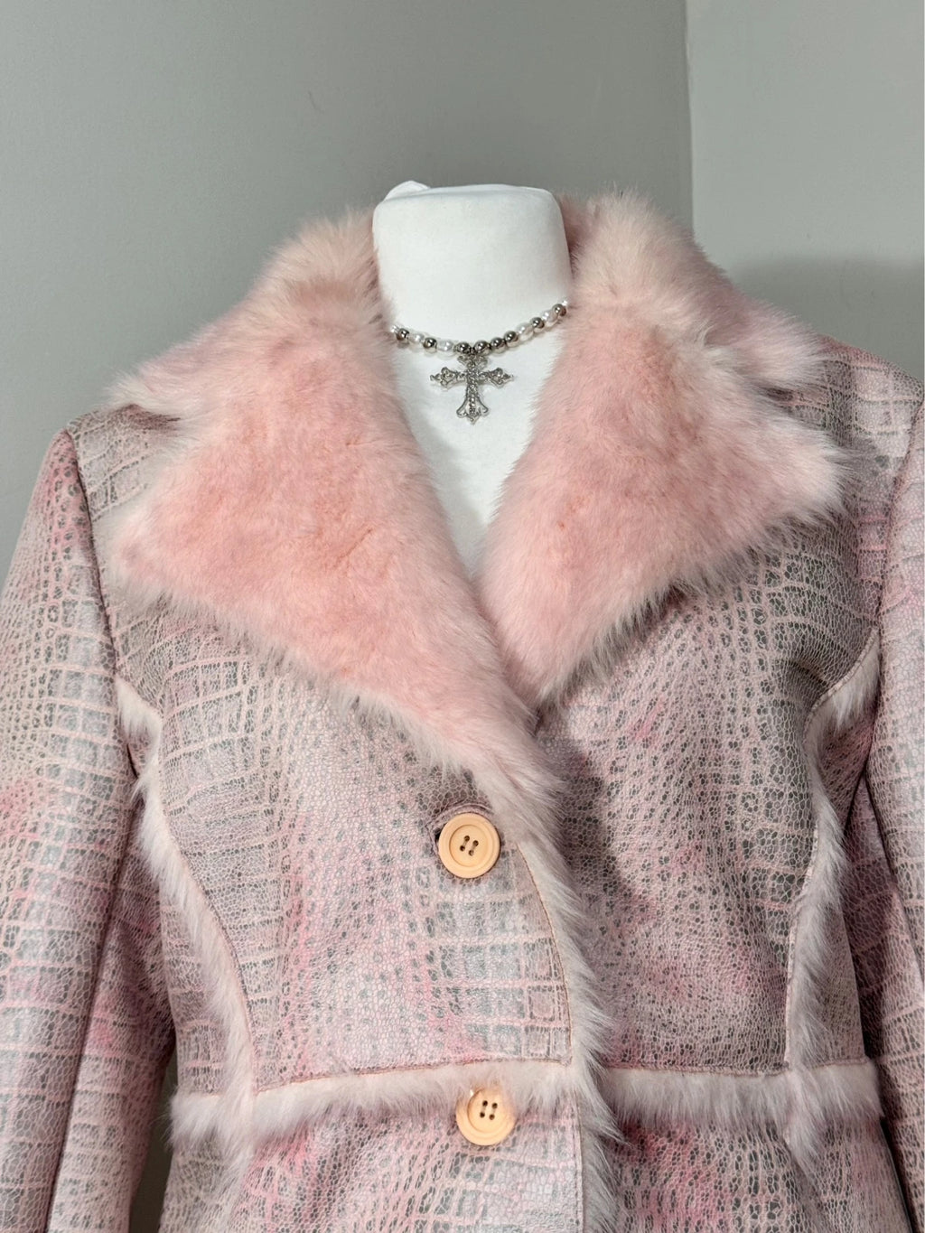 Vintage Pink Faux-Croco Fur Trim Coat