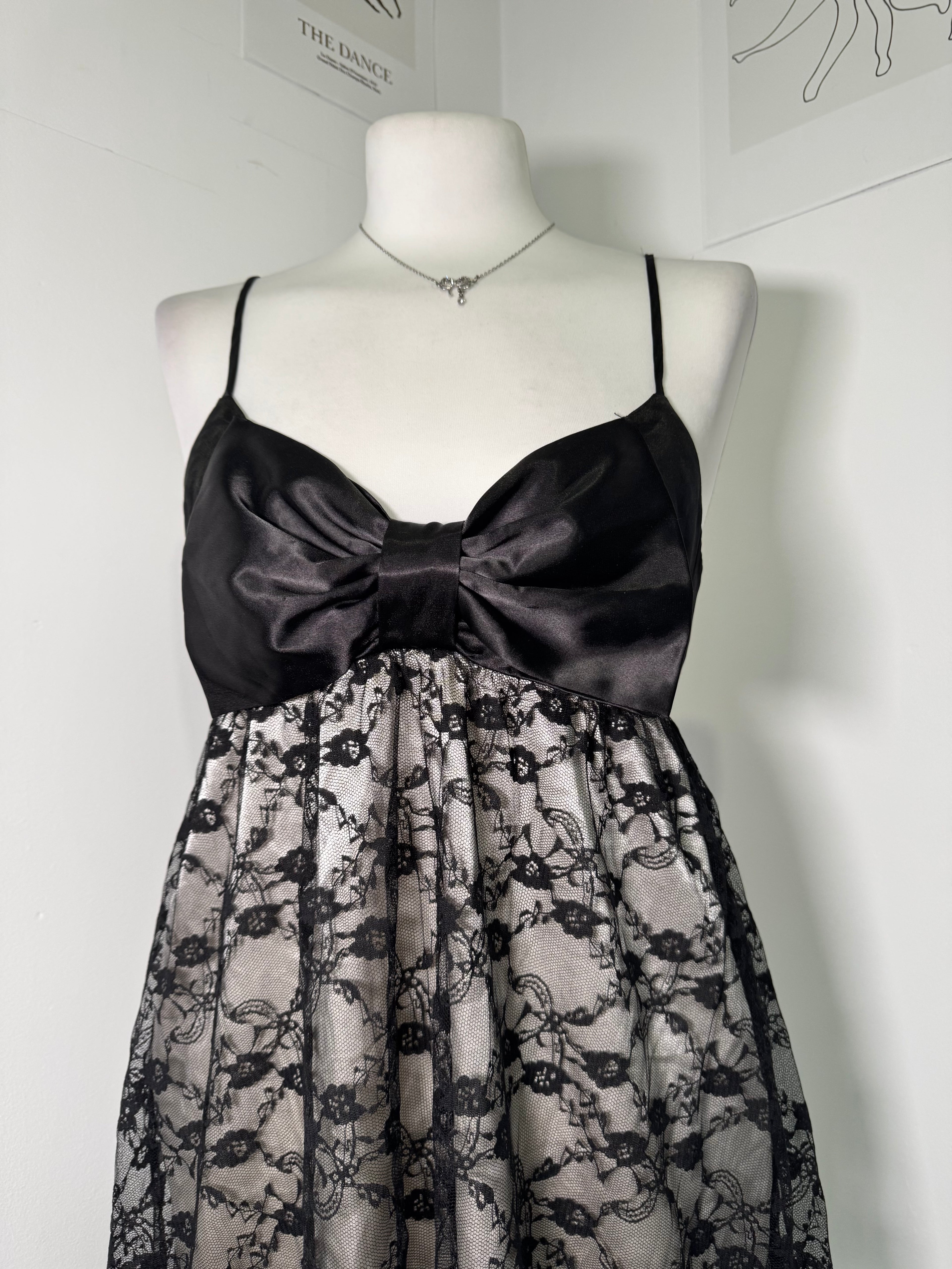 Gothic Black Lace & Satin Bow Midi Dress