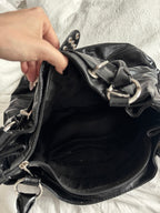 Black Patent Effect Shoulder Bag with Studded Belt Detail