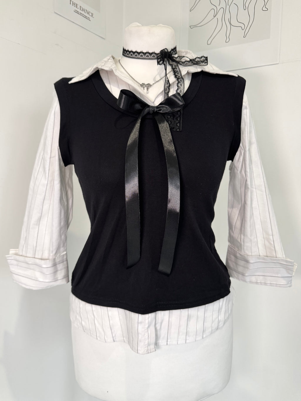 Dark academia Layered Bow Blouse & Vest Set