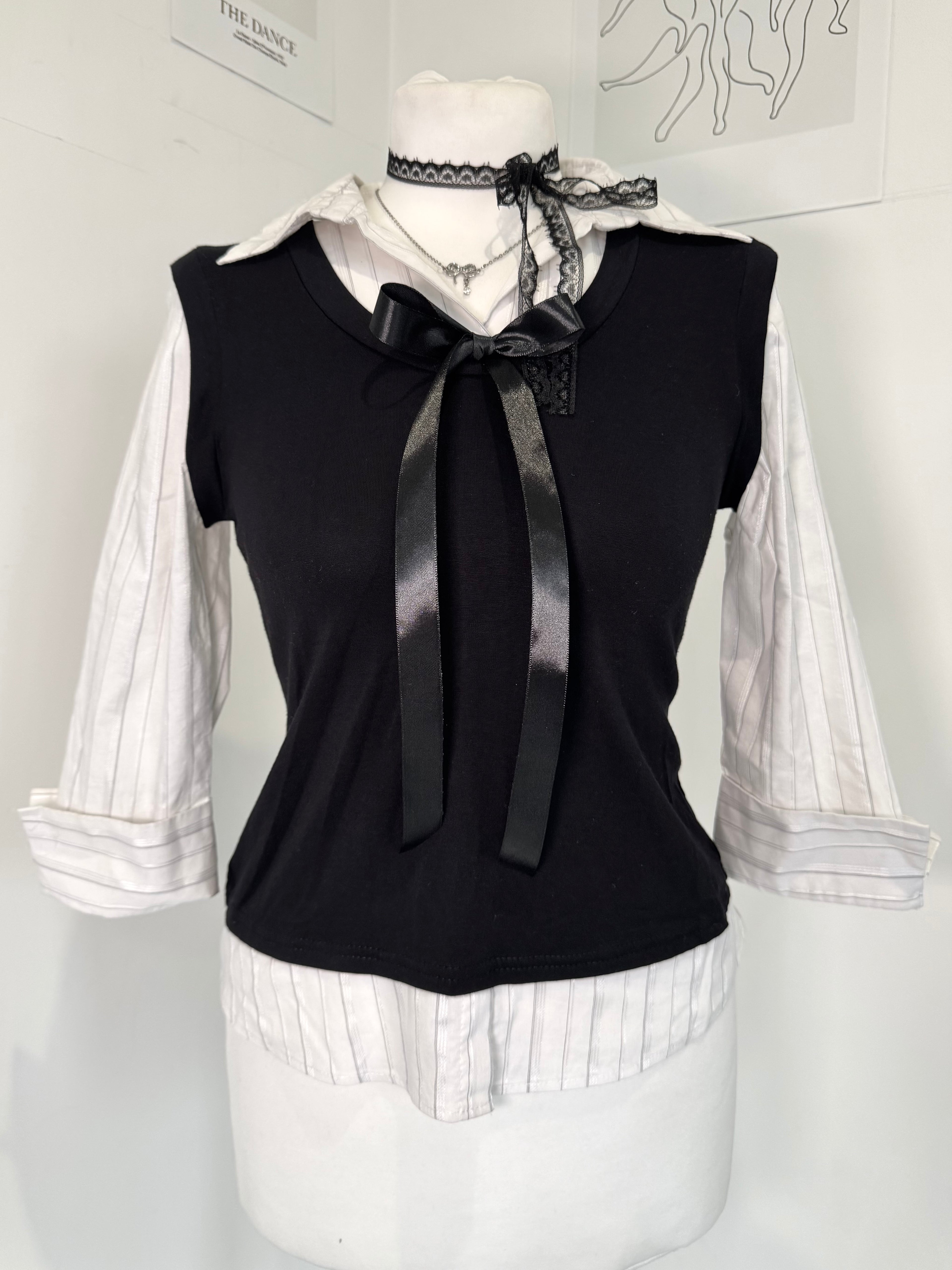 Dark academia Layered Bow Blouse & Vest Set