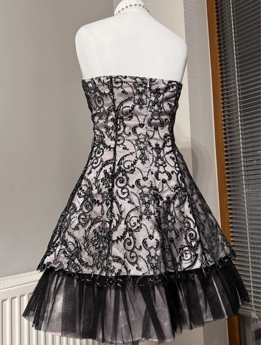 Silver Victorian lace mini strapless dress