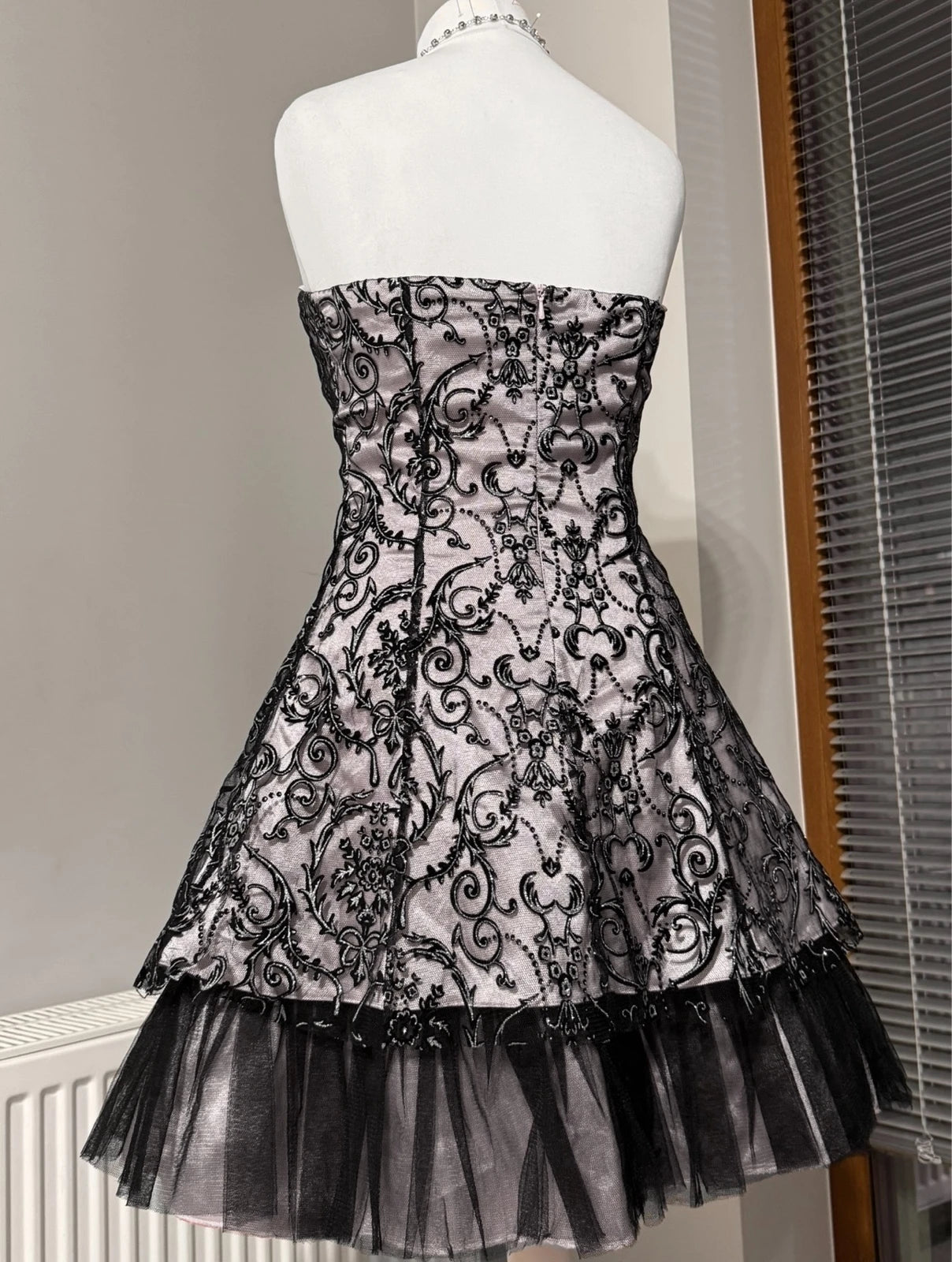 Silver Victorian lace mini strapless dress