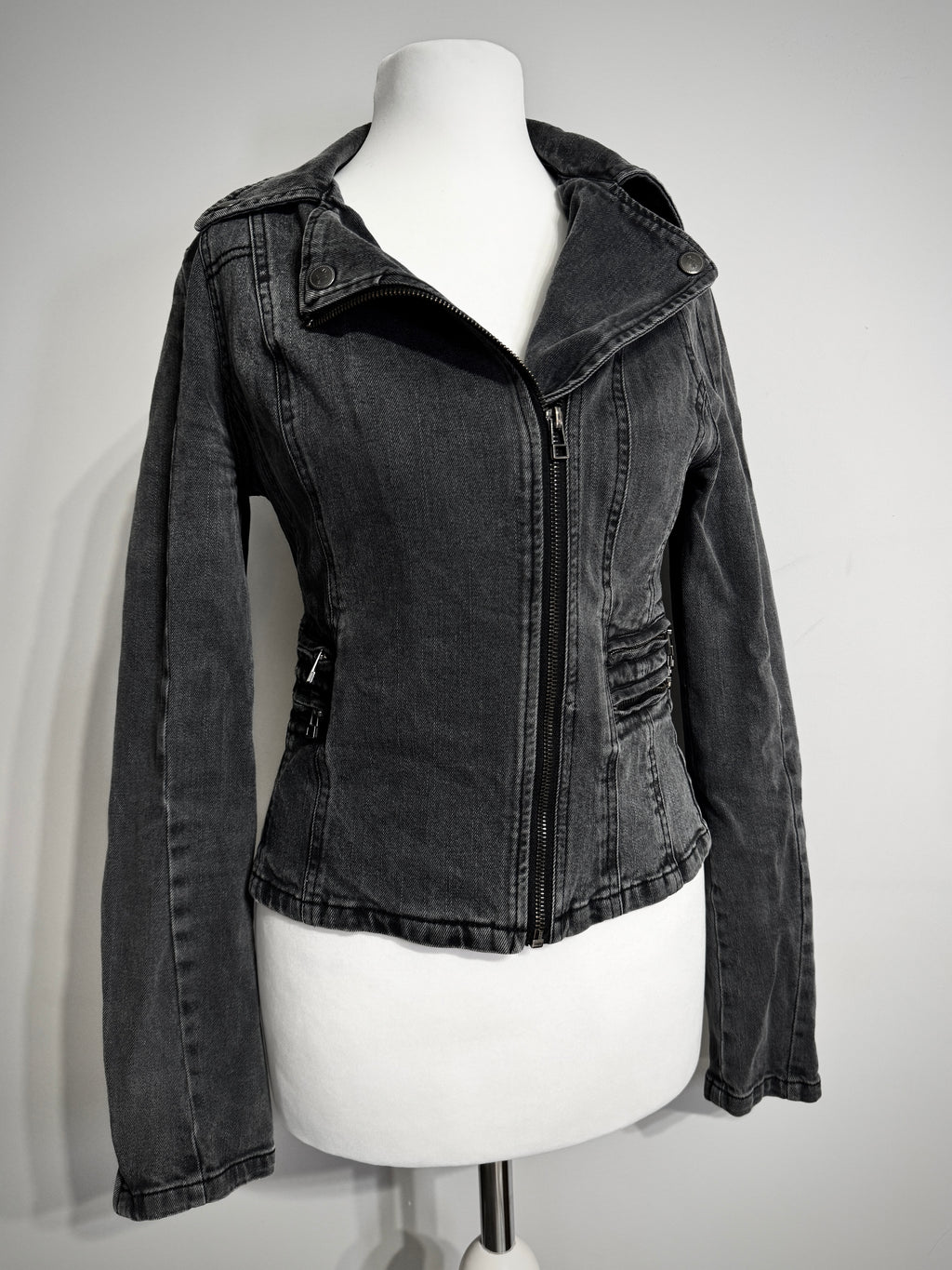 Charcoal Acid Wash Denim Biker Jacket