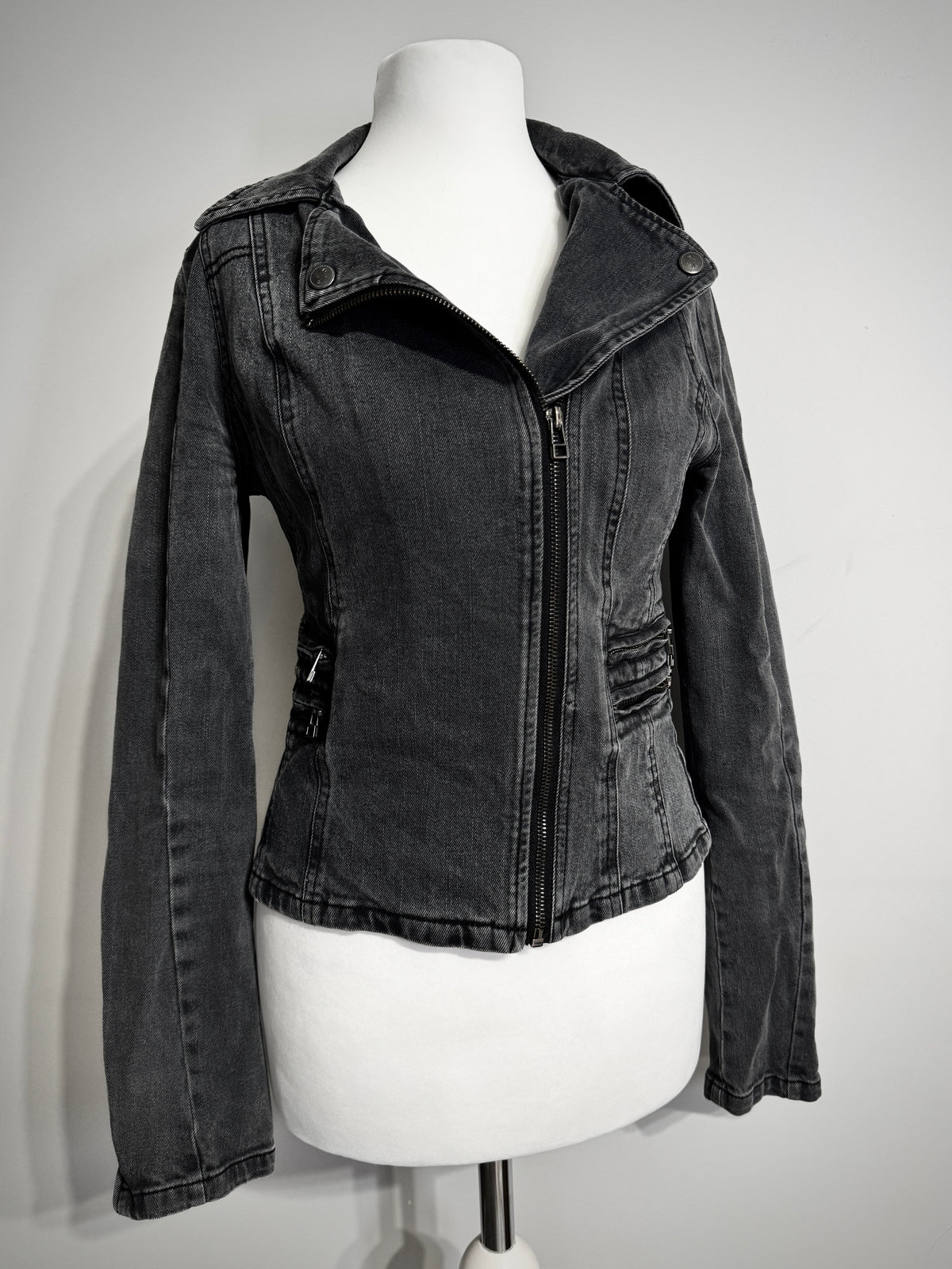 Charcoal Acid Wash Denim Biker Jacket