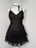 Midnight Mesh Ruched Tiered Dress
