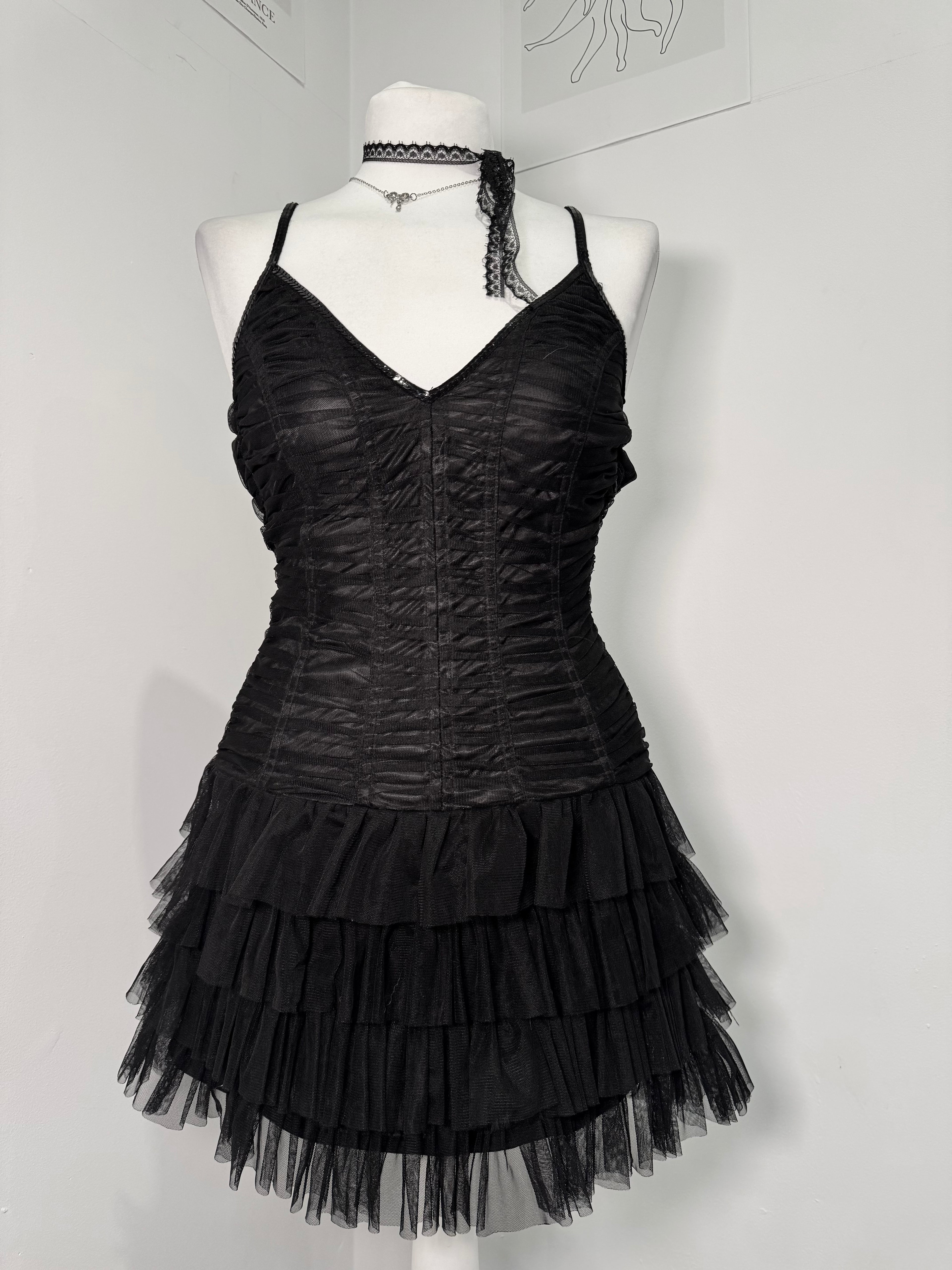 Midnight Mesh Ruched Tiered Dress