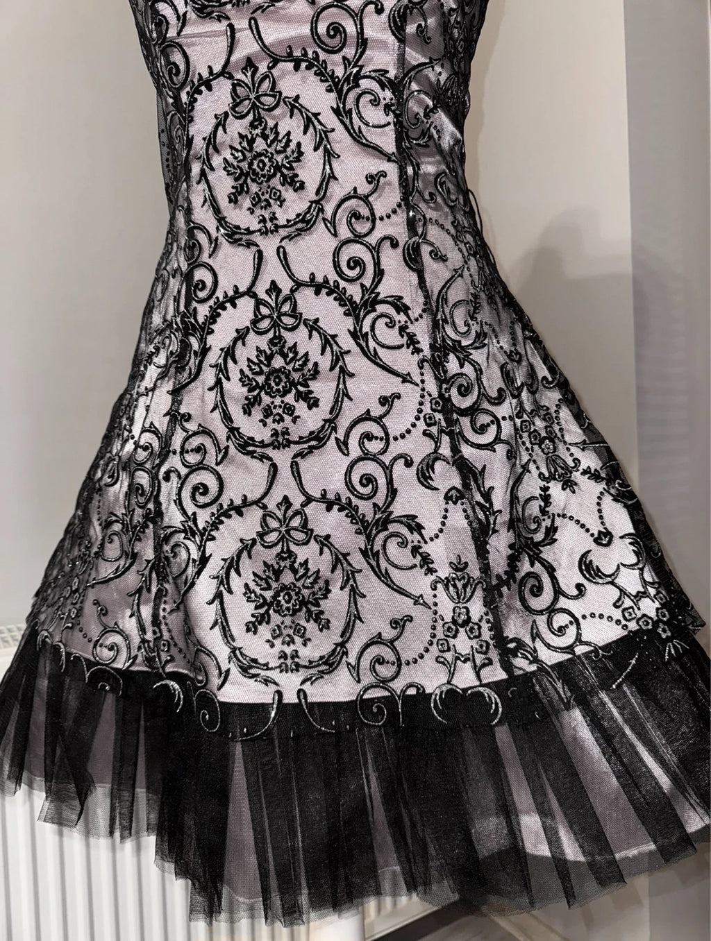 Silver Victorian lace mini strapless dress