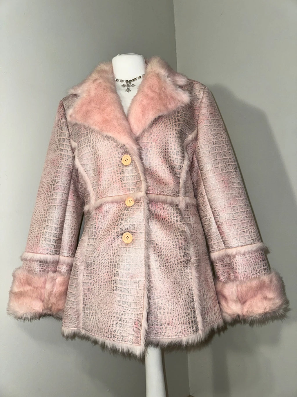 Vintage Pink Faux-Croco Fur Trim Coat