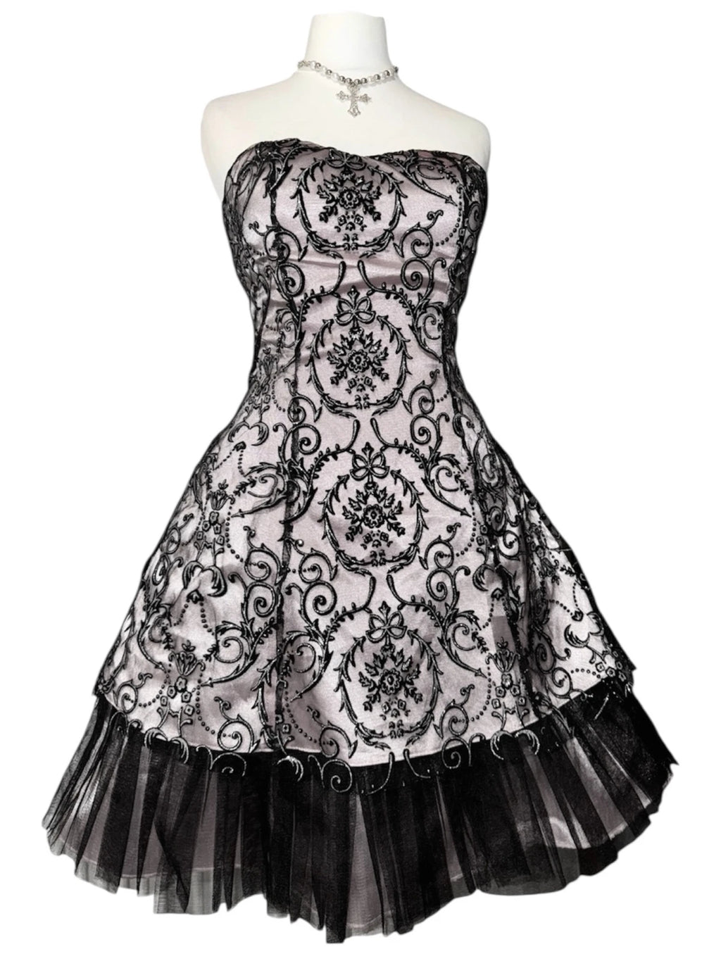 Silver Victorian lace mini strapless dress