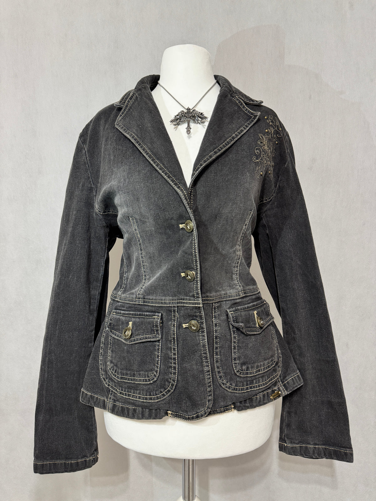 Charcoal Grey Acid Wash Denim Blazer