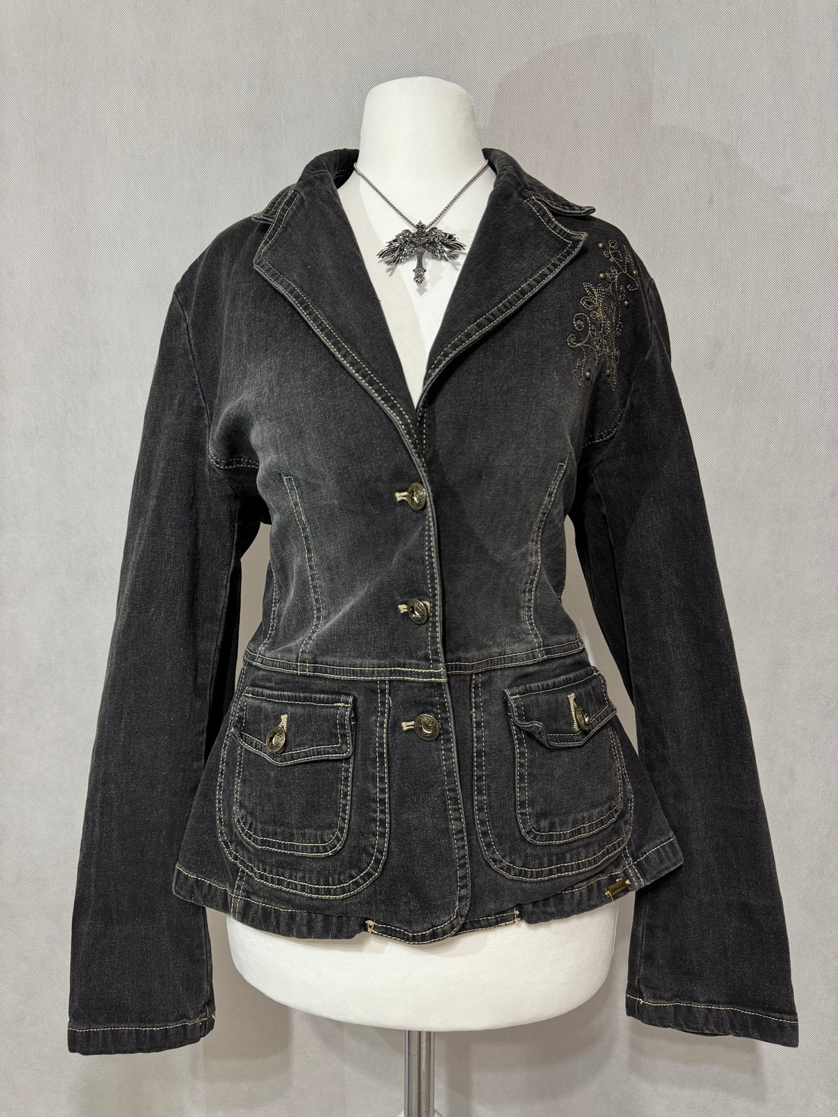 Charcoal Grey Acid Wash Denim Blazer