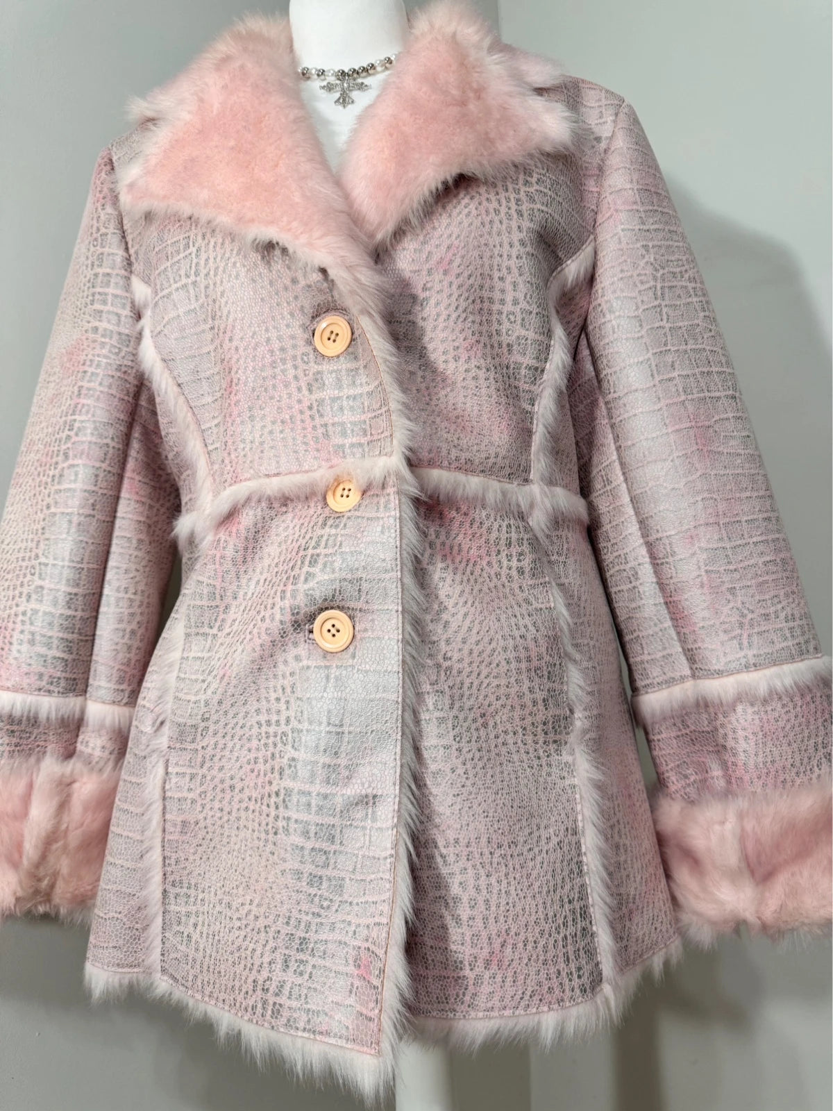 Vintage Pink Faux-Croco Fur Trim Coat