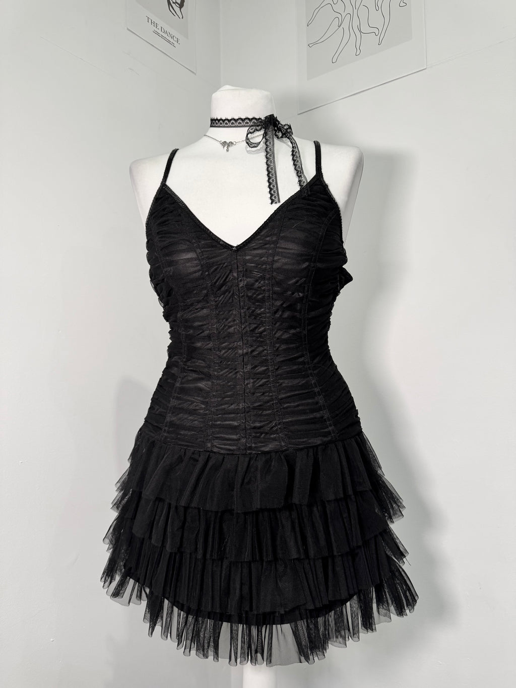 Midnight Mesh Ruched Tiered Dress