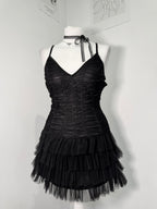 Midnight Mesh Ruched Tiered Dress