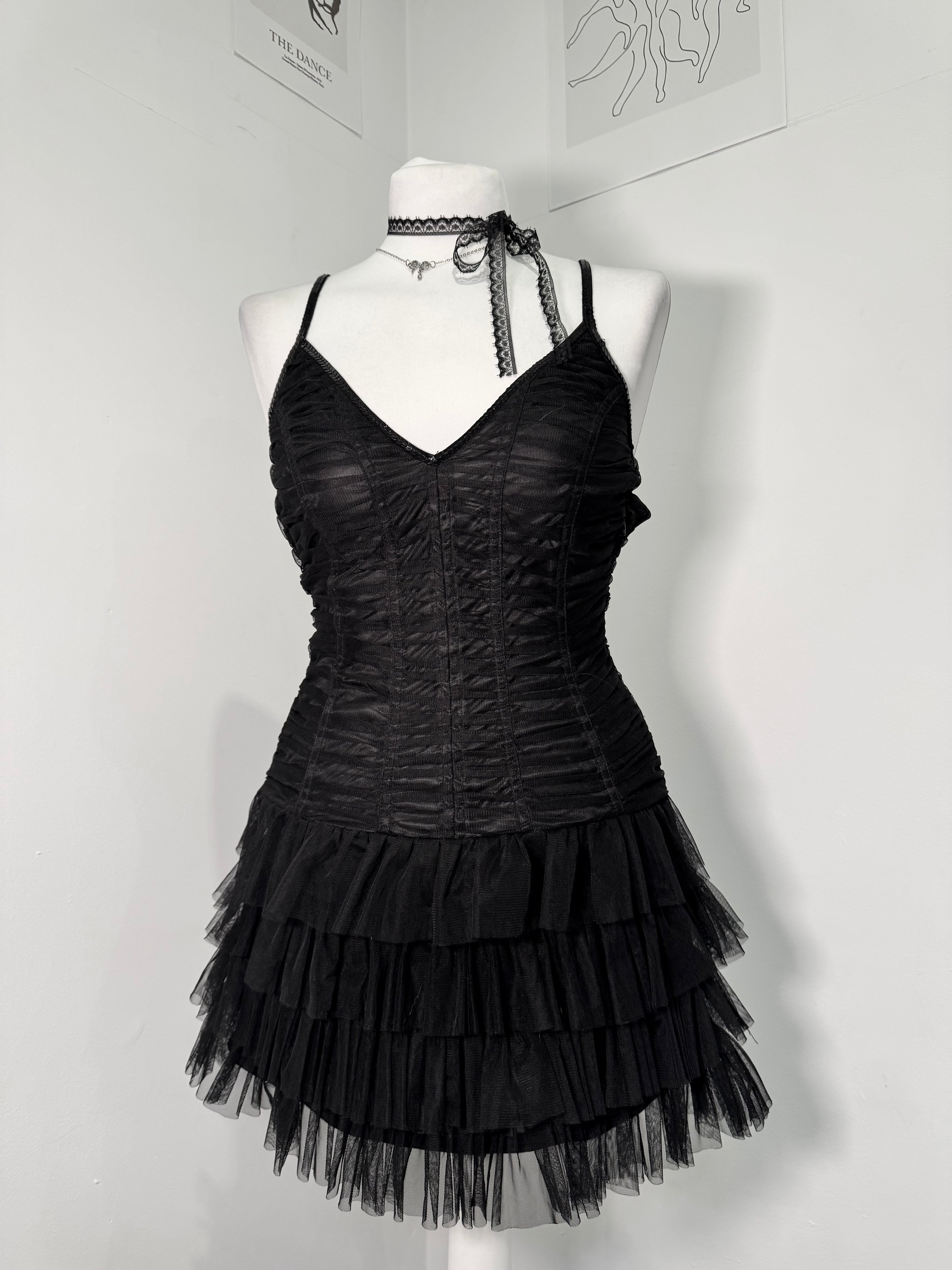 Midnight Mesh Ruched Tiered Dress