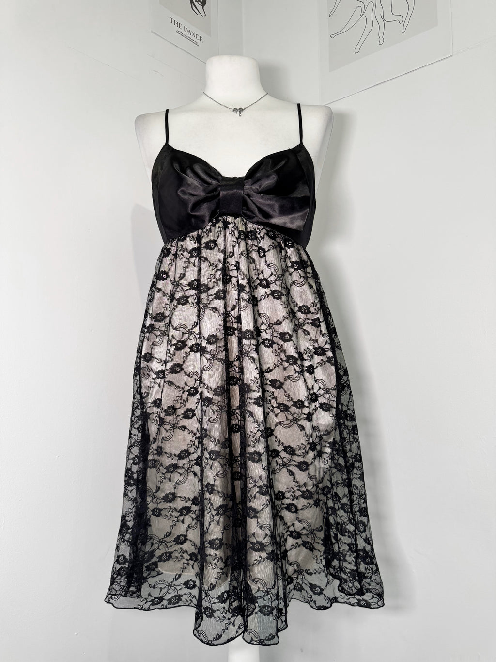 Gothic Black Lace & Satin Bow Midi Dress