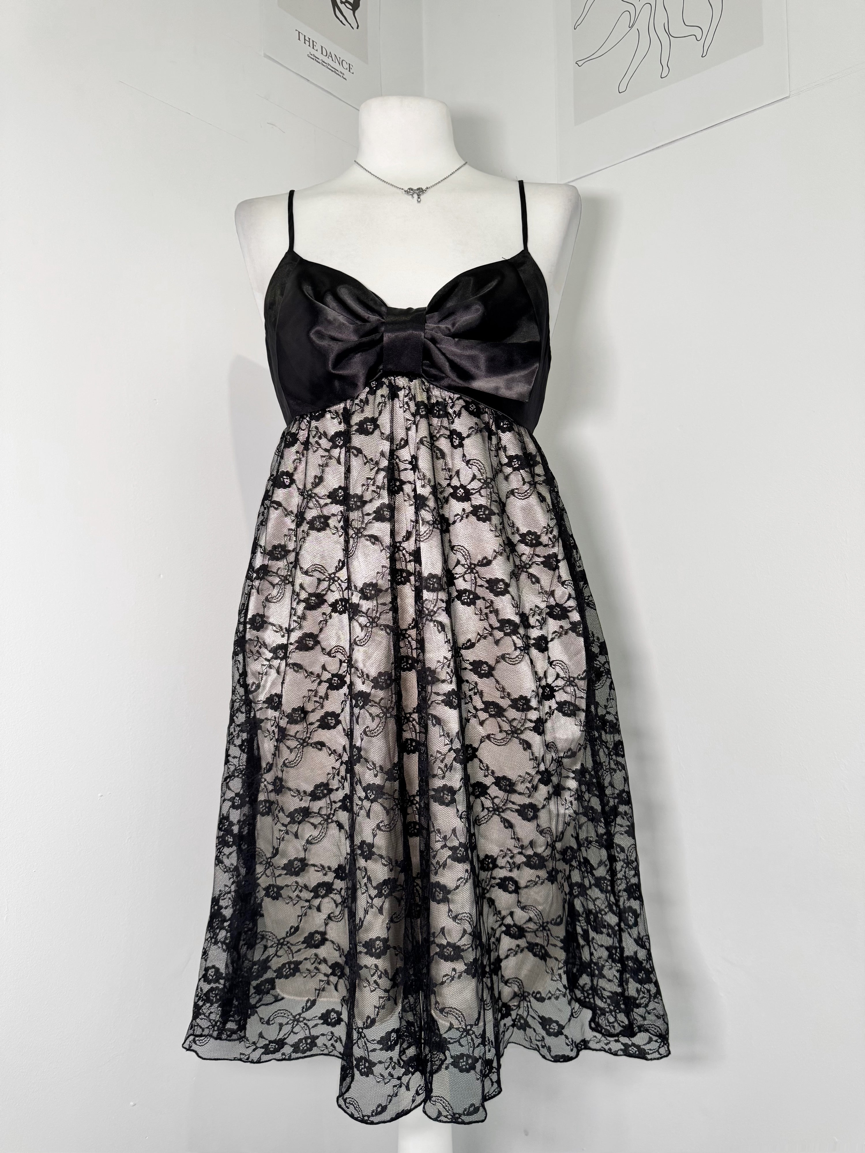 Gothic Black Lace & Satin Bow Midi Dress