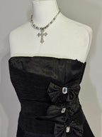 Black Satin Strapless Corset Top with Embellished Bows