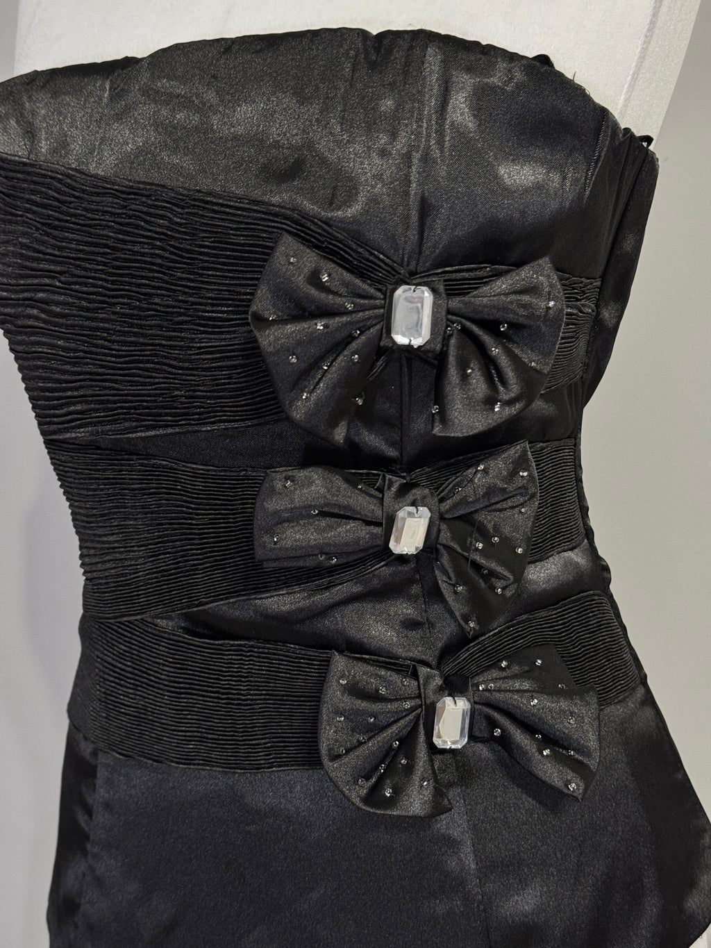 Black Satin Strapless Corset Top with Embellished Bows