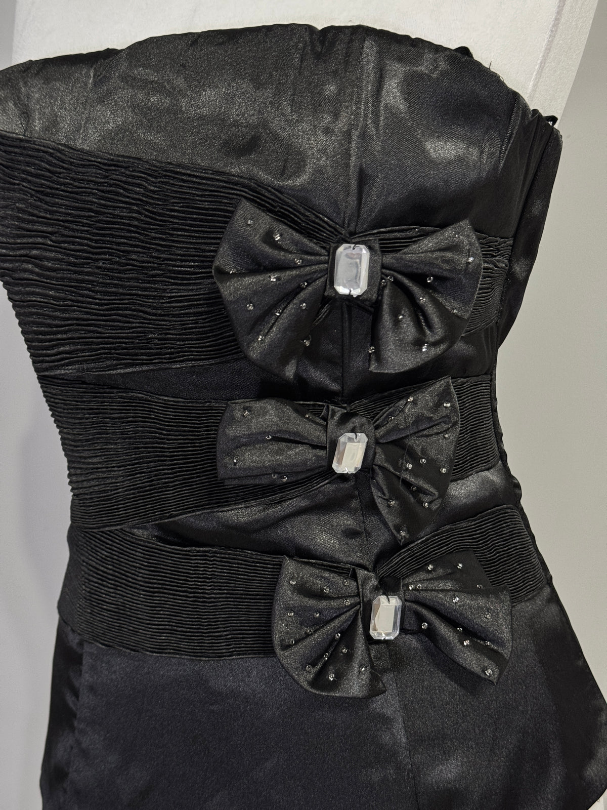 Black Satin Strapless Corset Top with Embellished Bows