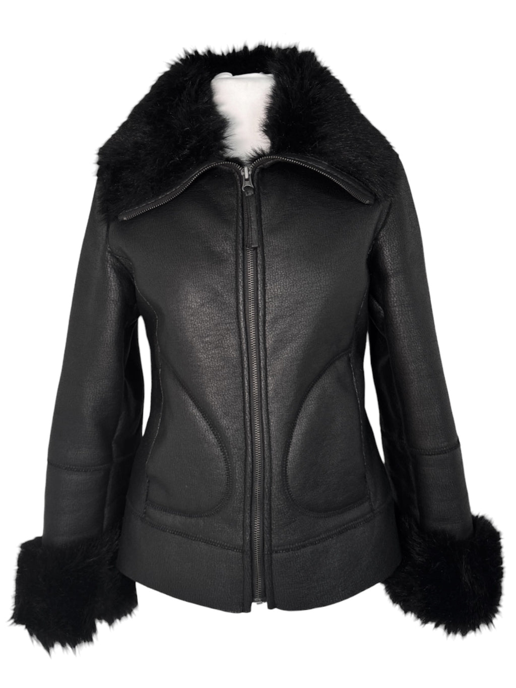 Midnight Faux-Leather Fur Trim Biker Jacket