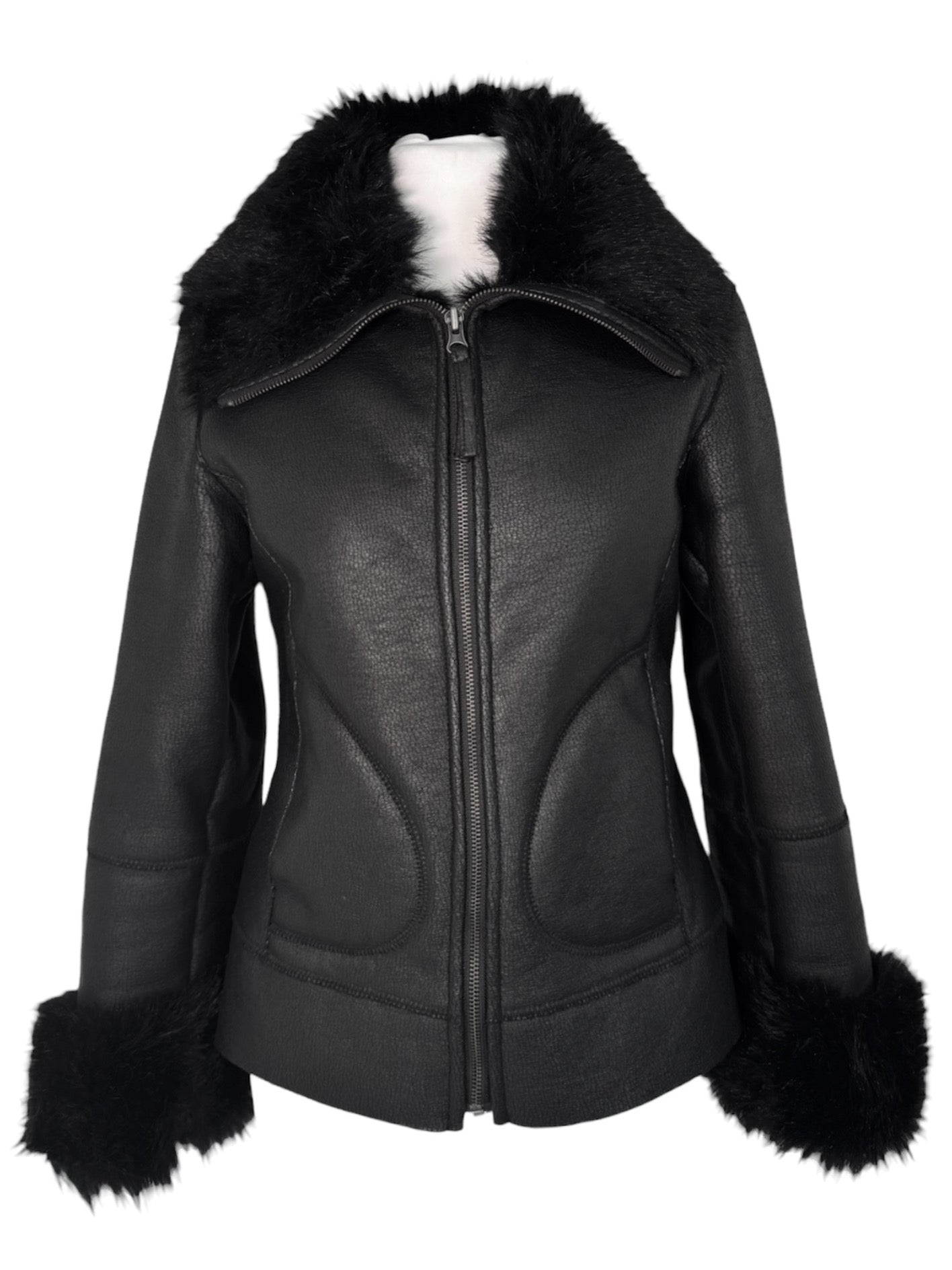 Midnight Faux-Leather Fur Trim Biker Jacket