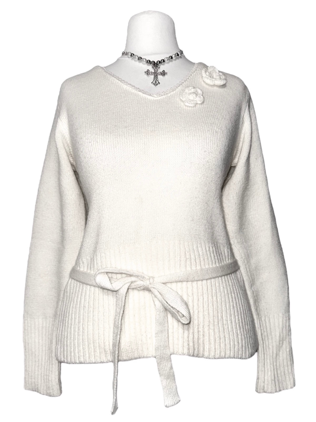 Cream Coquette Rosette Knit Sweater
