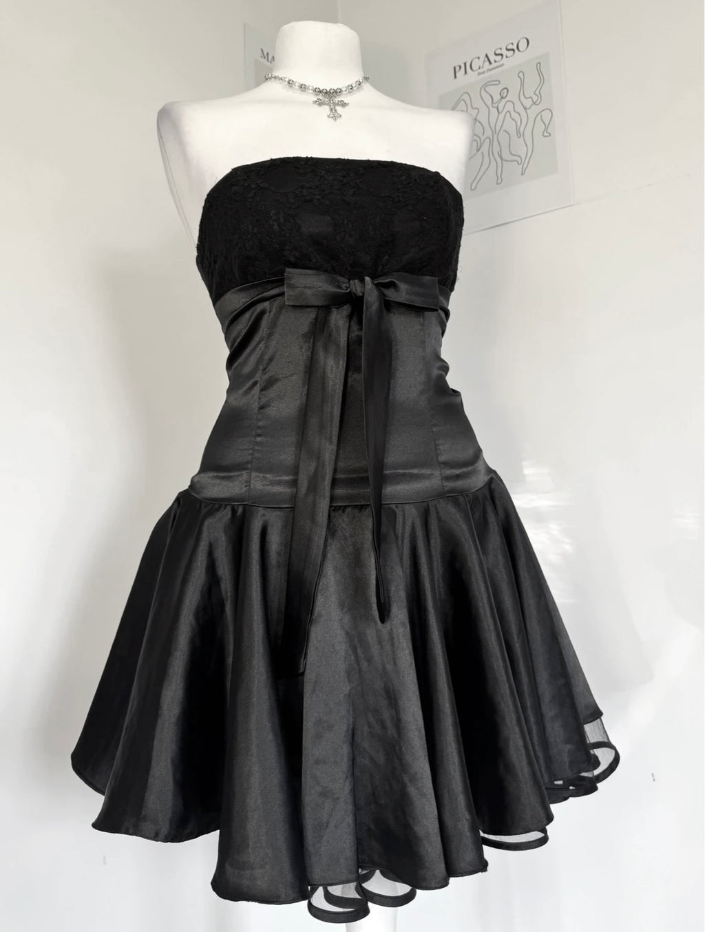 Midnight Satin & Lace Strapless Mini Dress