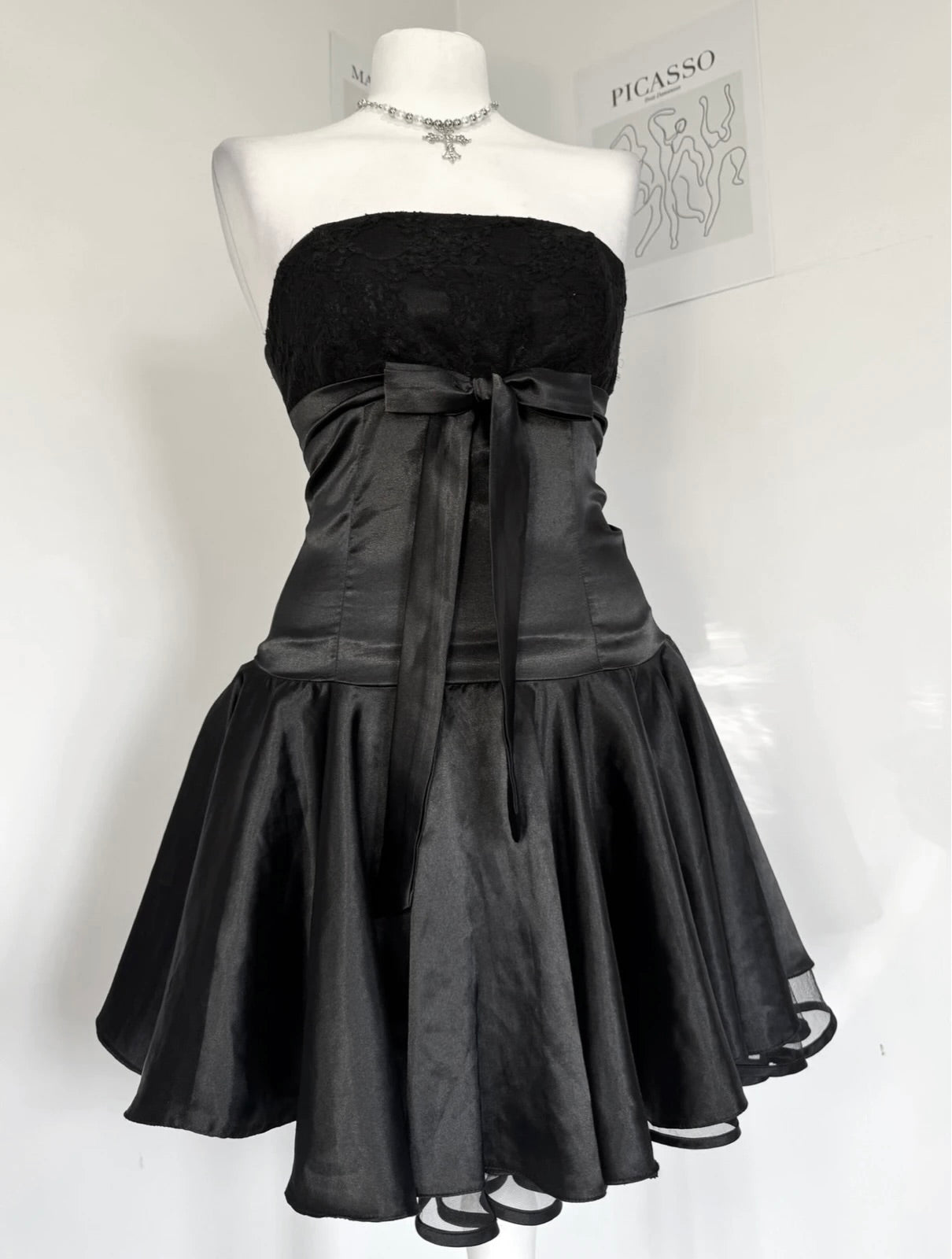 Midnight Satin & Lace Strapless Mini Dress