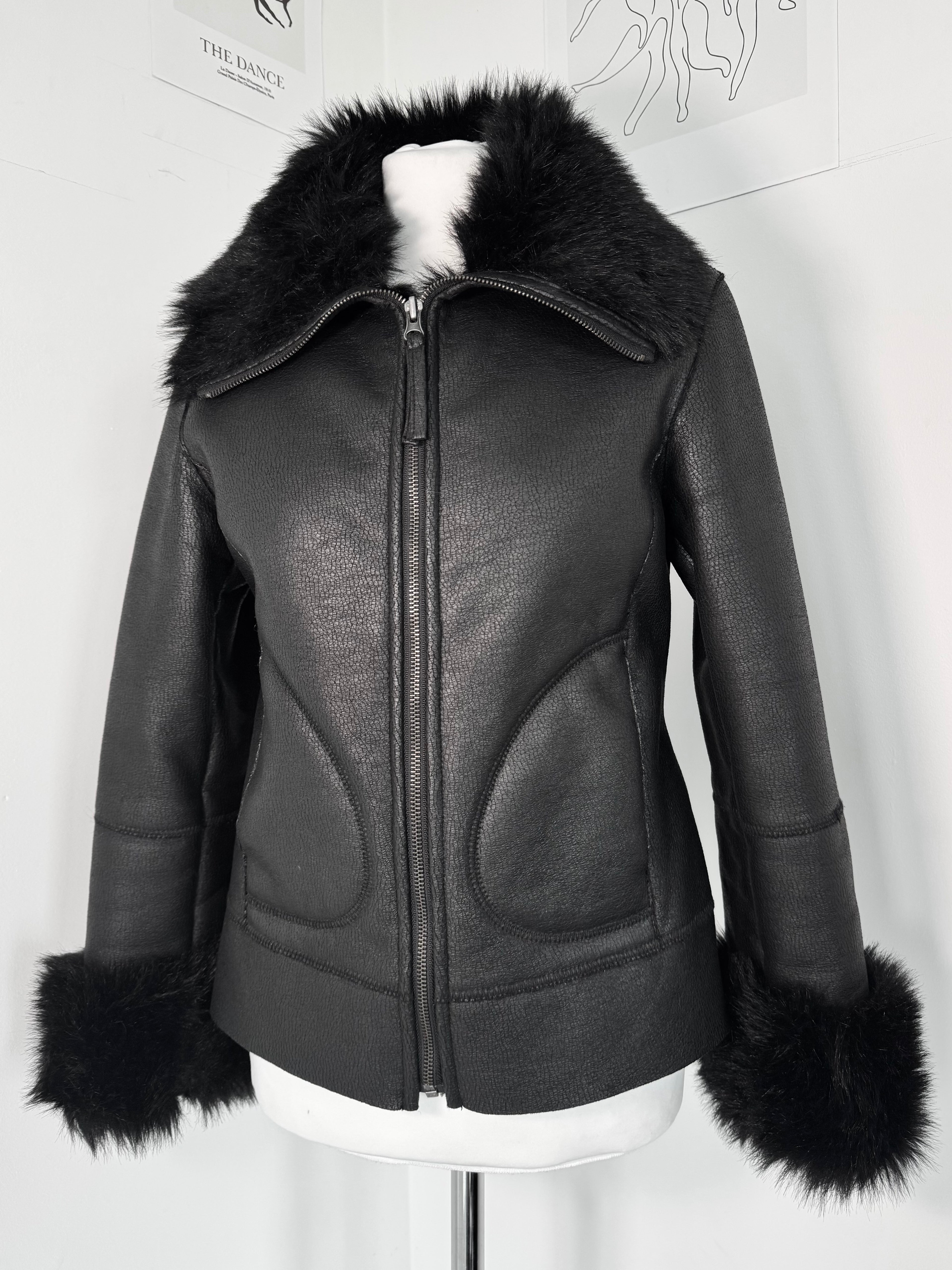 Midnight Faux-Leather Fur Trim Biker Jacket