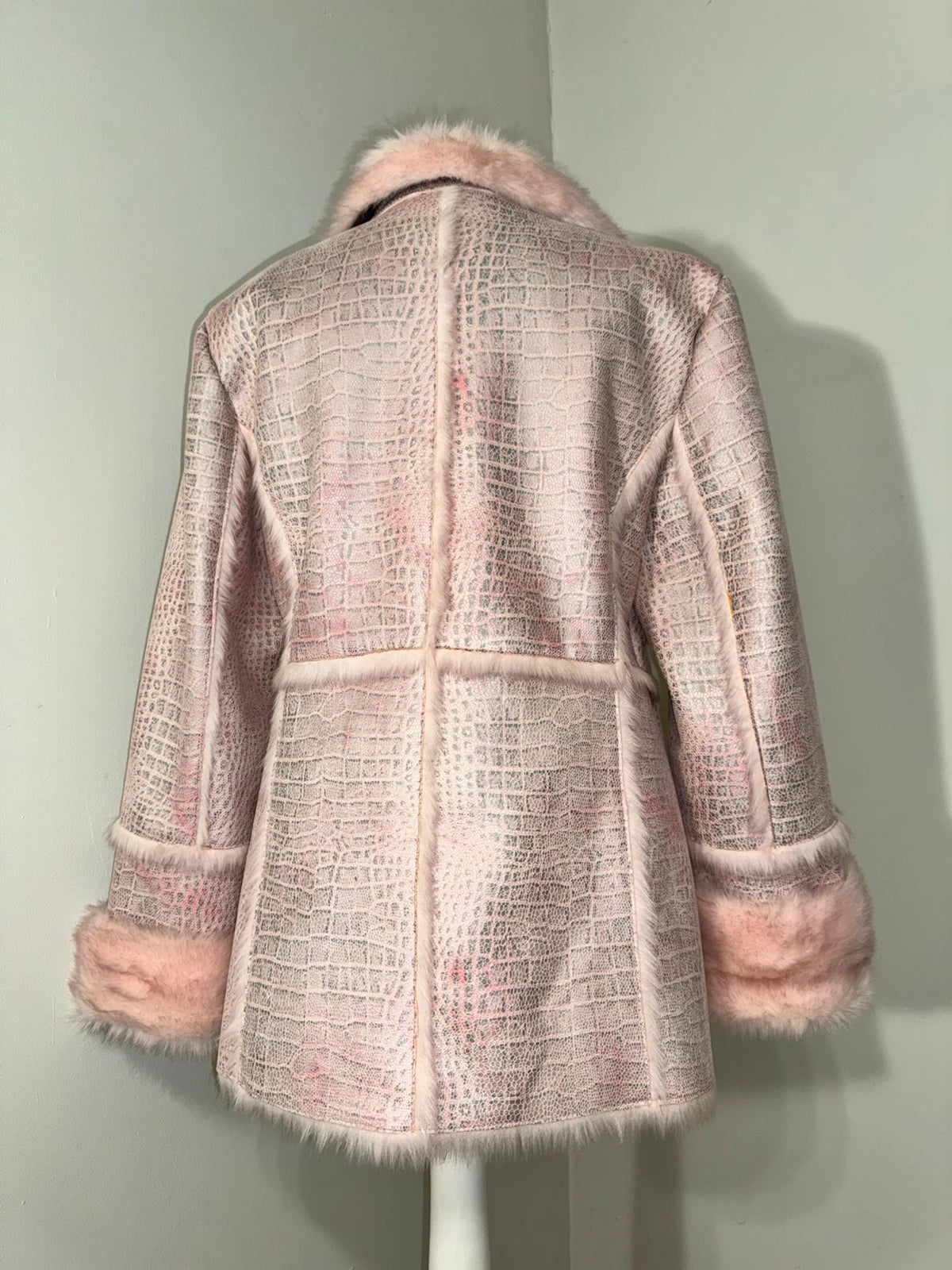Vintage Pink Faux-Croco Fur Trim Coat