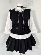 Dark academia Layered Bow Blouse & Vest Set